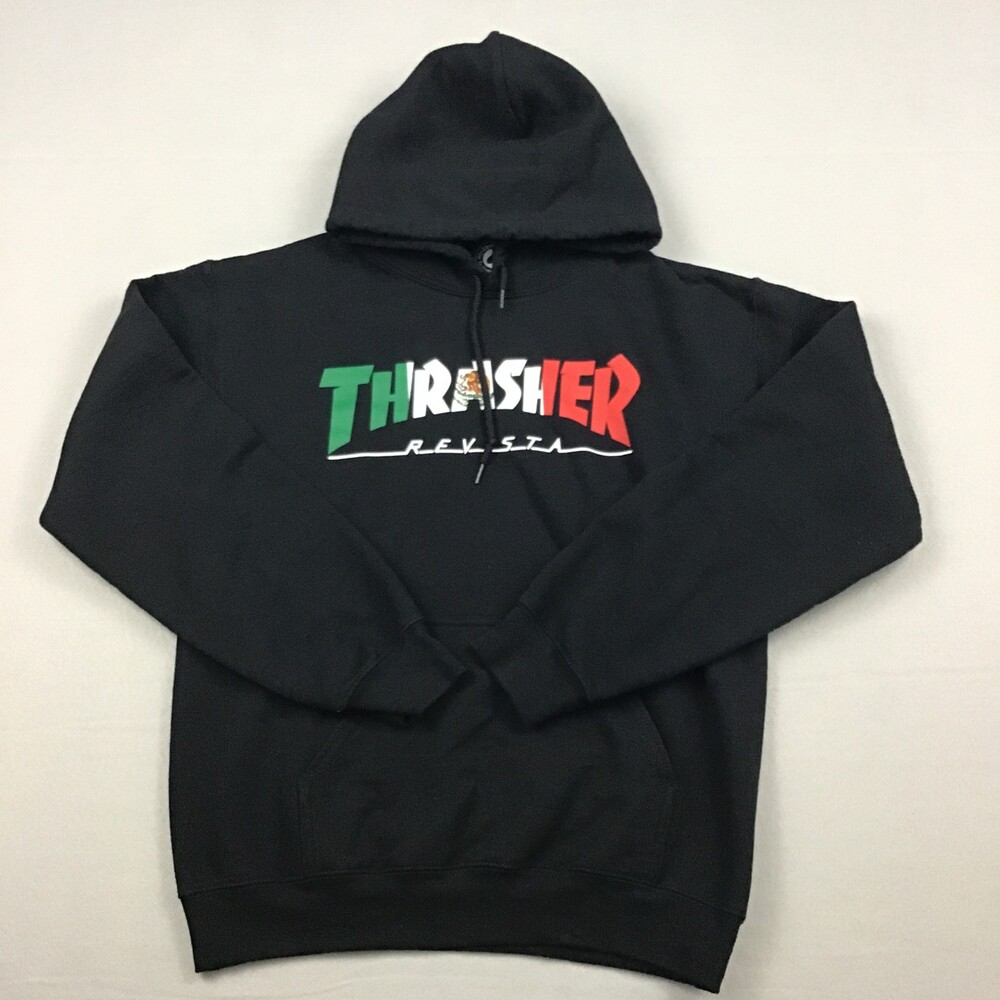 Thrasher Hoodie Men Small Black Revista Mexico Flag Pullover Sweatshirt S